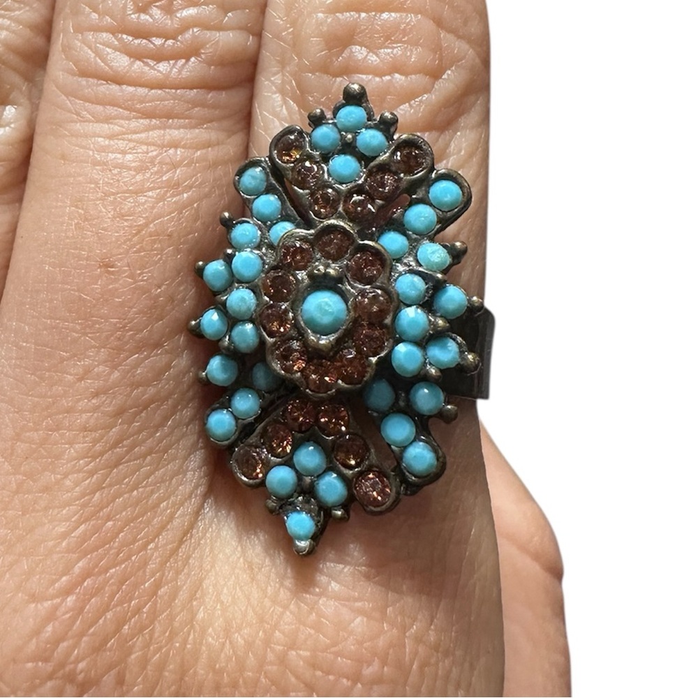 Turquoise & Brown Gem Stone Brass Statement Ring